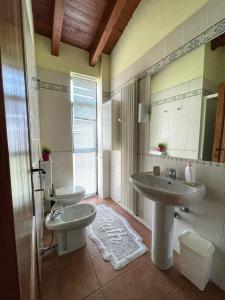 een badkamer met een wastafel, een toilet en een spiegel bij Rubbiano River Cottage in Solignano