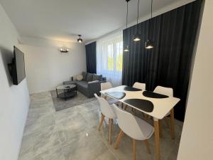 salon ze stołem, krzesłami i kanapą w obiekcie Apartament Słoneczny we Fromborku