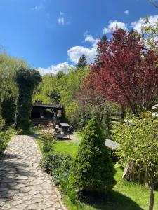 a park with a stone path and a bench at Apartament Pensiunea Liziera in Buşteni +3 photos