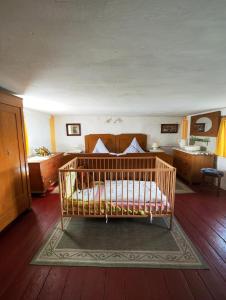 a bedroom with a crib in the middle of a room at Zimmervermietung Leuba in Ostritz