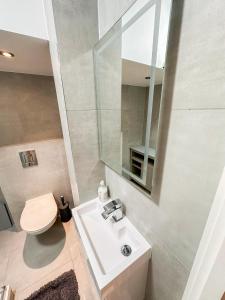 a bathroom with a sink and a toilet and a mirror at Charming 1-Bedroom Haven near The Shard in Elephant & Castle in London