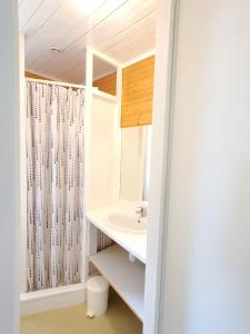 y baño con lavabo y espejo. en Camping Municipal L'Espazo DURBAN CORBIERES, en Durban-Corbières