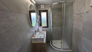 a bathroom with a sink and a shower at Domki nad Soliną DAGA in Solina