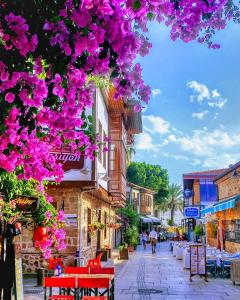 a street with pink flowers hanging from a building at Deer Hostel & Hotel in Antalya