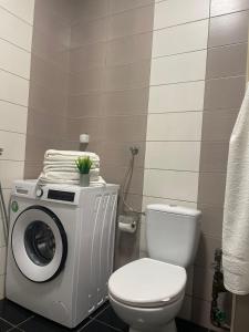 een badkamer met een wasmachine en een toilet bij Oasis in Struga