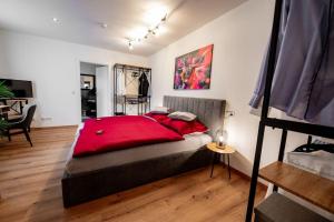 a bedroom with a large bed with red pillows at Schicke Wohnung in Seenähe! 
