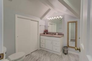 a bathroom with a sink and a toilet and a mirror at 3BR DOWNTOWN - NEW Hot Tub - Olympic Training Center in Colorado Springs +43 photos