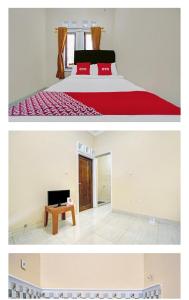 two pictures of a bedroom with a bed and a television at wisma wayang ajen syariah in Cisalak