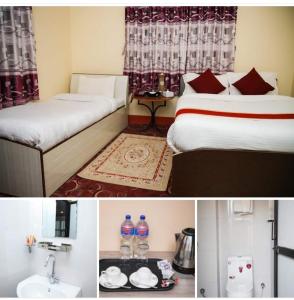 three pictures of a hotel room with two beds at Doleshwor Village Resort and Farm House Pvt Ltd in Bhaktapur