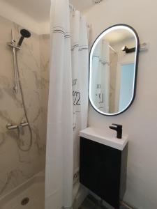 Un baño con ducha con lavabo y espejo. en Sanary Port et Plages Climatisé, en Six-Fours-les-Plages