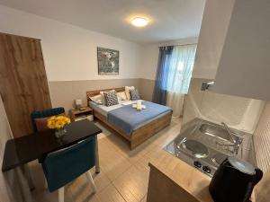 a small room with a bed and a kitchen at Apartments Emilija in Brela