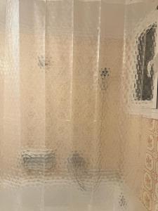 a shower with a shower curtain in a bathroom at Cozy Athena Apartment in Athens