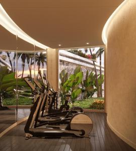 a gym with cardio equipment in a room with a large window at Cat Ba Island Resort & Spa in Cat Ba