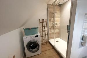 a washing machine in a bathroom with a shower at Kermorvan - pleine vue mer- parking et wifi - départ pour les îles in Le Conquet +20 photos