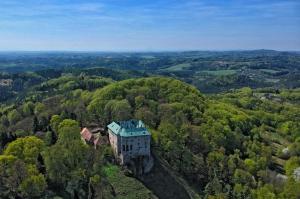 an aerial view of a castle in the forest at Apartmán Nebužely 