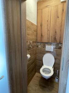 un piccolo bagno con servizi igienici e armadietti in legno di Apartmán u Velké brány a Jemnice
