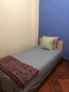 ein Schlafzimmer mit einem Bett mit einem Kissen darauf in der Unterkunft Hospedaje el Jaguar Pacífico in Antigua Guatemala
