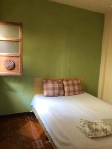 a bedroom with a green wall with a bed at Hospedaje el Jaguar Pacífico in Antigua Guatemala