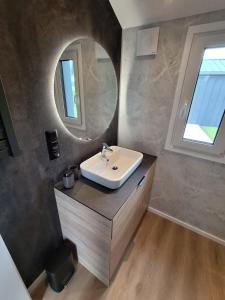 W łazience znajduje się umywalka i lustro. w obiekcie LandZeit - get your tiny moments w mieście Sohren