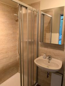 a bathroom with a sink and a shower at Tinyhaus Löwenzahn in Rheinsberg +15 photos