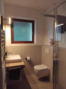 a bathroom with a toilet and a sink and a window at Biogasthaus Plonerhof in Bressanone