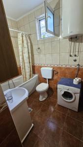 a bathroom with a toilet a sink and a washing machine at Radenović, soba in Budva