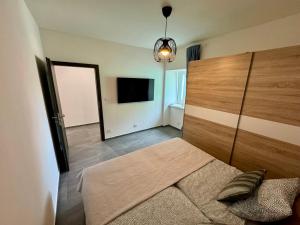 uma sala de estar com uma cama e um espelho em Byt 71m2 klid pohoda a příroda em Praga