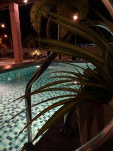 roślina siedząca w nocy obok basenu w obiekcie Rooma Kichi Private Pool w mieście Pantai Cenang