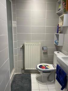 une petite salle de bains avec toilettes et radiateur dans l'établissement Chambre chez CyriLydie, à Clichy-sous-Bois