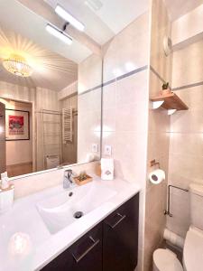 La salle de bains est pourvue d'un lavabo, de toilettes et d'un miroir. dans l'établissement Studio NEUF - PORTES DE MONACO - Confort - Wifi - Clim, à Monte-Carlo