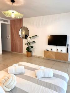 Studio NEUF - PORTES DE MONACO - Confort - Wifi - Clim的电视和/或娱乐中心