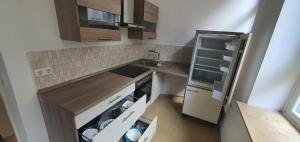 uma pequena cozinha com armários de madeira e um lavatório em Cityapartment bei Hauptbahnhof em Bremen