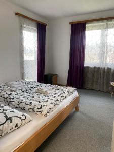 a bedroom with two beds and two windows at Appartment nähe Linz in Puchenau