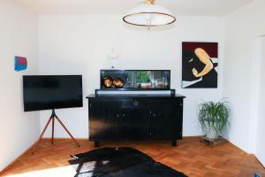 a living room with a flat screen tv and a tv stand at Ferienwohnung am Hauptplatz in Sankt Stefan ob Stainz