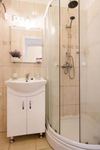 bagno bianco con doccia e lavandino di Comfortable flat with prime location near Oktogon a Budapest