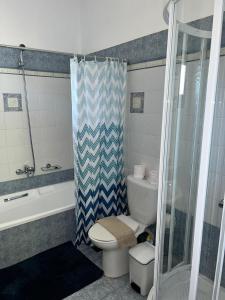a bathroom with a toilet and a shower at Villa Oleander in Chania Town