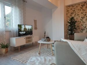 - un salon avec une télévision sur un meuble blanc dans l'établissement City Center Accommodation - 108, à Reşiţa