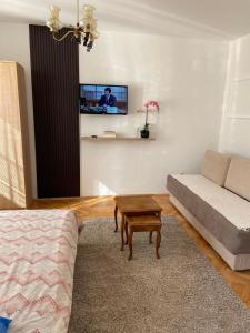 a living room with a couch and a table at Minja in Vrnjačka Banja