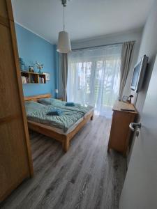 Schlafzimmer mit einem Bett, einem TV und einem Fenster in der Unterkunft LeinenLos im Kajüting in Dierhagen
