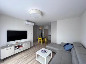 ein Wohnzimmer mit Sofa und Flachbildfernseher in der Unterkunft Apartamenty MIW Dziwnów 21 in Dziwnów