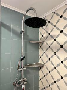 a shower in a bathroom with blue and white tiles at Casa da Boavista in Arraiolos