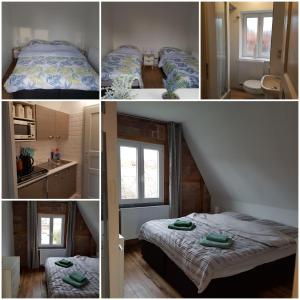 Haus Selma في لونبورغ: اربع صور لغرفة نوم فيها سرير ومطبخ