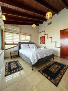 1 dormitorio con 1 cama grande y una escalera en פנטהאוז השומר, en Tiberíades