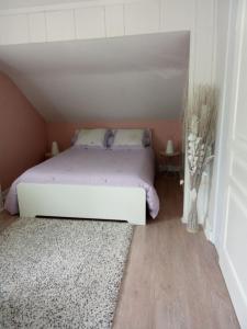 a bedroom with a white bed and a rug at MAISON DES LILAS in Bellerive-sur-Allier