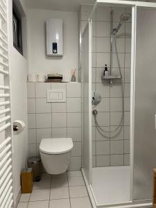a bathroom with a toilet and a shower at Kaarst-Apt für 4, Zentral, Gemütlich, privater Parkplatz in Kaarst