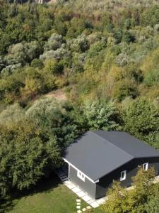 an overhead view of a black building in a forest at Сottage "Family Estate" in Kamianets-Podilskyi