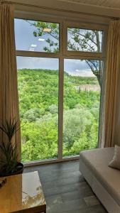 uma sala de estar com uma grande janela com vista em Сottage "Family Estate" em Kamianets-Podilskyi