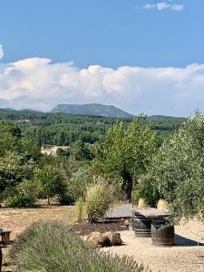 un tavolo da picnic in un campo con alberi e montagne di Mas Héritage a Rosières