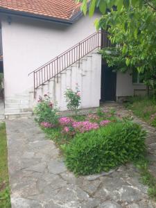 een tuin met roze bloemen voor een huis bij Studio Vrujci 2 in Rakari