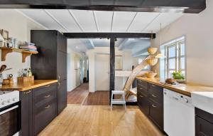 cocina con armarios negros y suelo de madera en 4 Bedroom Beautiful Home In Tranekr, en Tranekær